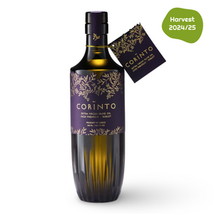 A bottle of CORINTO Robust Olive Oil with a label indicating it is a high phenolic blend, showing the varieties Koroneiki & Nemoutiana and the harvest year of 2024/25.