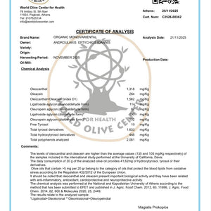 Certificate of Analysis for organic monounsaturated olive oil with World Olive Center for Health branding.