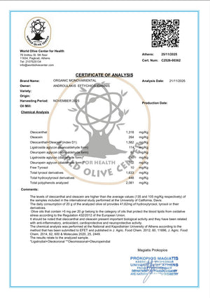 Certificate of Analysis for organic monounsaturated olive oil with World Olive Center for Health branding.