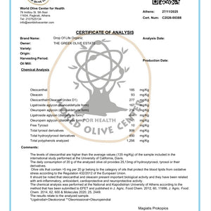 Certificate of Analysis for olive oil with a QR code and certification logo.