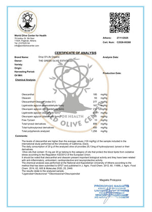 Certificate of Analysis for olive oil with a QR code and certification logo.