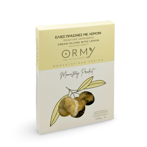 Ormylia Green Olives with Lemon, Oregano & Extra Virgin Olive Oil - 250g