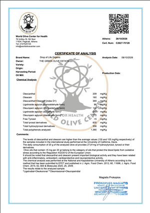 Goutte de Vie Huile d'Olive Vierge Extra Biologique à Haute Teneur en Phénols EVOO 500 ml (1 256 mg/kg)