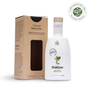 Thallon organic olive oil bottle and packaging on a white background