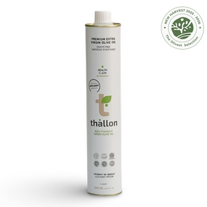 Thallon olive oil bottle with a white cap on a light gray background
