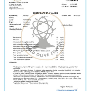 Certificate of Analysis for olive oil with brand logo and text details.