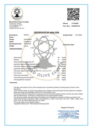 Certificate of Analysis for olive oil with brand logo and text details.