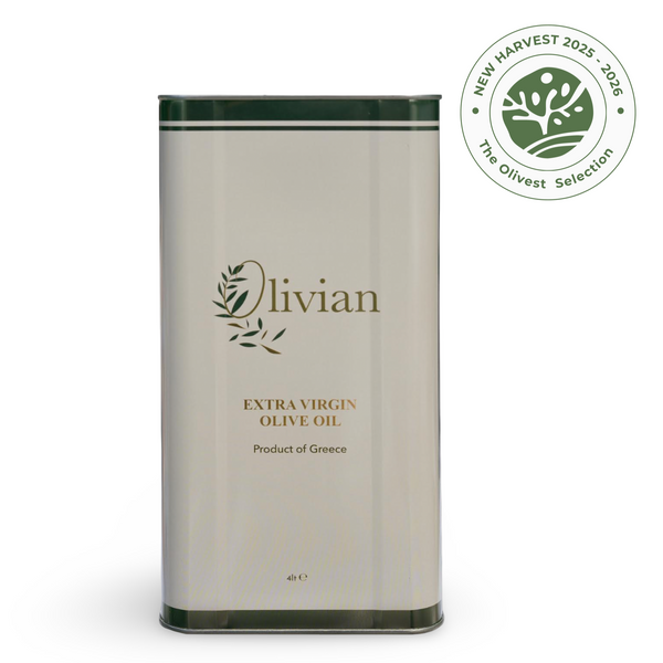Olivian Extra Virgin Olive Oil canister with a green logo on a white background