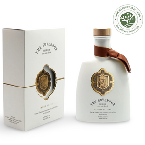 Bottle and packaging of 'The Governor' olive oil with a brown ribbon on a white background.