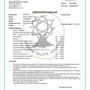 Certificate of Analysis for olive oil with a QR code and certification logos.