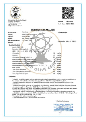 Certificate of Analysis for olive oil with a QR code and certification logos.