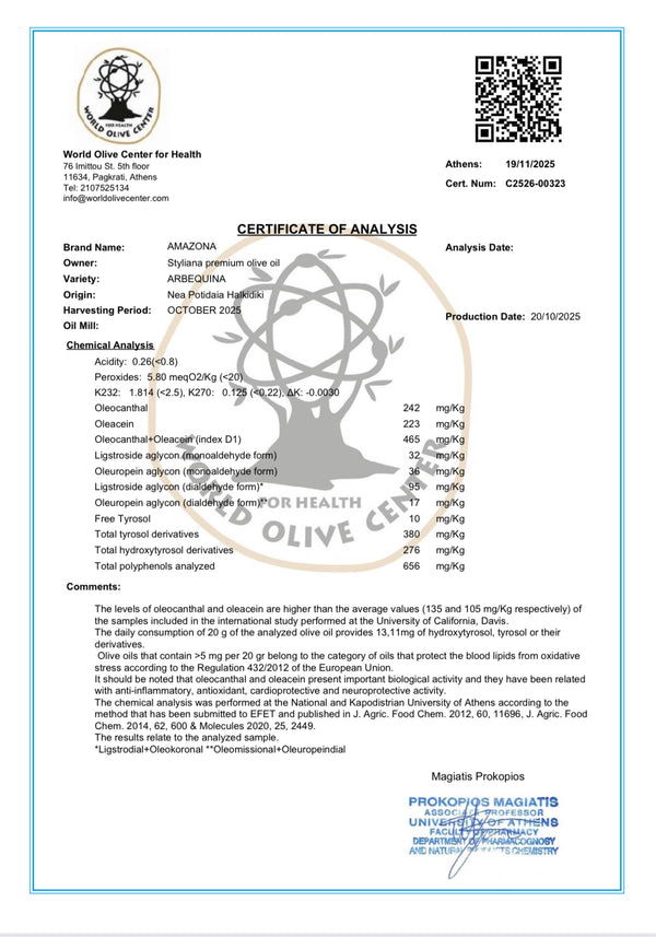Certificate of Analysis for olive oil with a QR code and certification logos.