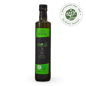 Bottle of Argali olive oil with a green label on a white background