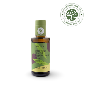 A 250ml bottle of LADOLEA Extra Virgin Olive Oil Megartiski Variet Intense, featuring a green cap and a green and yellow label, shown on a white background with a green 'New Harvest 2025 - 2026 The Olivest Selection' seal in the top right corner.