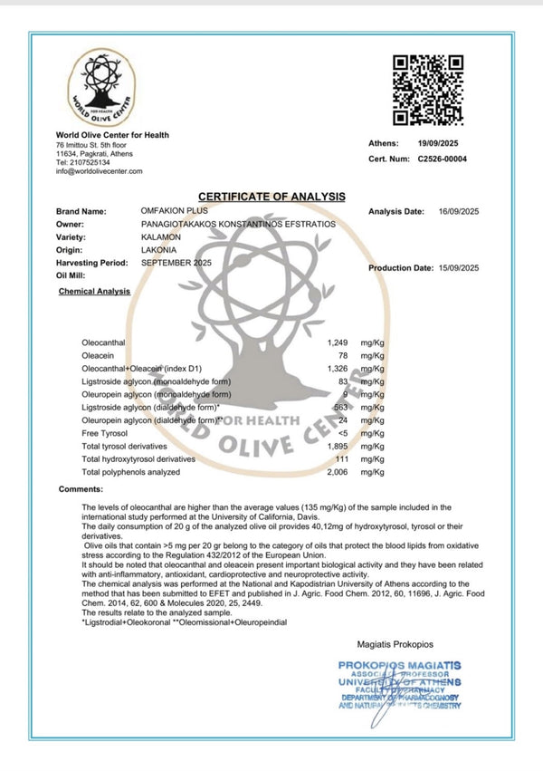 Omfakion Plus | Ultra Alto Fenolico | Varietà Kalamon | Ricco di Oleocantale 250ml