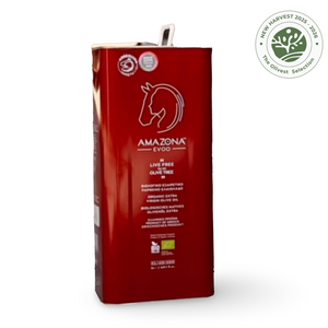 Red olive oil container with 'Amazánia' branding on a white background