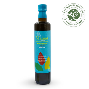 Bottle of Maleas Estate olive oil with a blue label on a white background