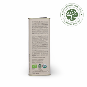 LADOLEA Organic Patrinia Extra Virgin Olive Oil 500ml / 16.9 fl oz tin from Corinthia, Greece (back side)
