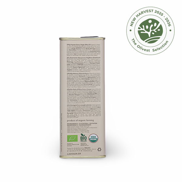 LADOLEA Organic Patrinia Extra Virgin Olive Oil 500ml / 16.9 fl oz tin from Corinthia, Greece (back side)
