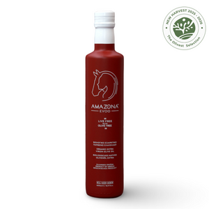 Red bottle of Amazona olive oil with a white cap on a white background