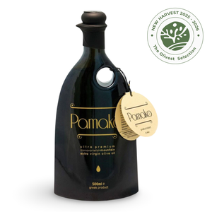Black olive oil bottle with 'Pamako' branding on a white background