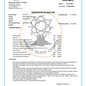 Certificate of Analysis for olive oil with brand logo and text
