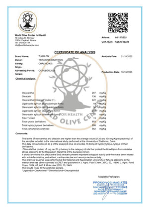 Certificate of Analysis for olive oil with brand logo and text