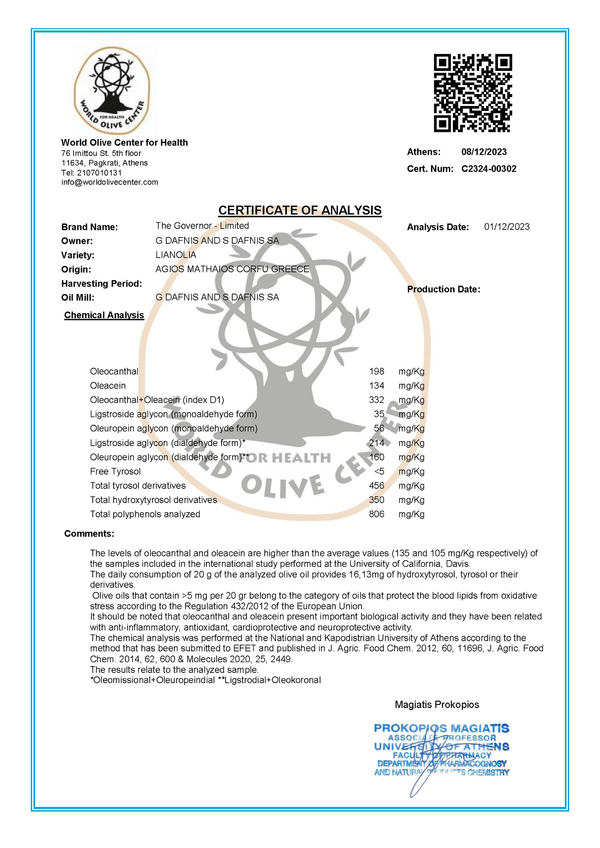 The Governor, ulei de măsline extravirgin nefiltrat limitat EDIȚIE 500 ml (16,90 Fl.Oz)